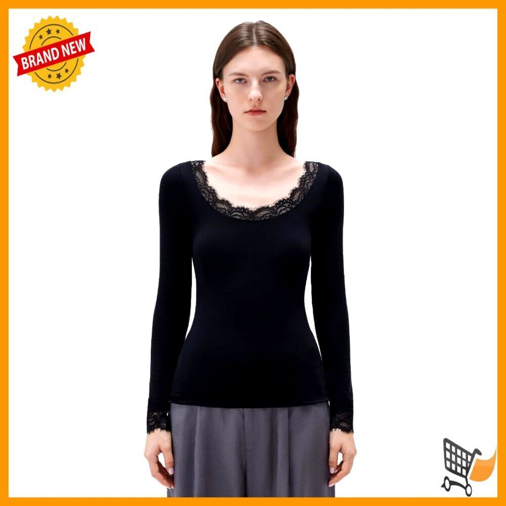 Cashmere Lace Scoop Neck Long Sleeve Top Semi Sheer Slim Fit